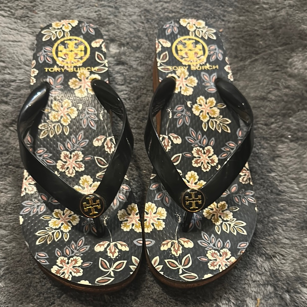 Tory Burch Black Floral Sandals with Metallic Accents